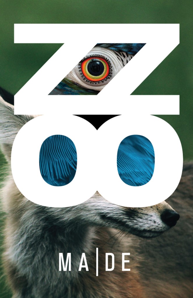 Cover of MA|DE's debut collaborative poetry collection ZZOO. Features a parrot eye, a fox nose, and blue feathers.